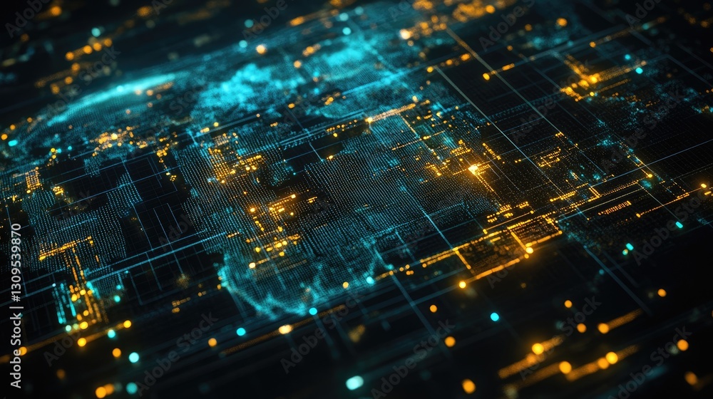 Poster global social media network map with glowing nodes and digital data flow.