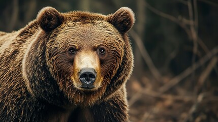 Close-up of a brown bear in a deep forest intense gaze warm earthy tones rich textures cinematic composition 