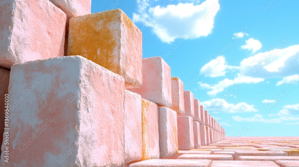 Poster abstract image of pink and gold textured cubes arranged in a receding perspective against a bright b