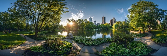 Tranquil urban oasis at dawn with shimmering water and skyline reflections in a vibrant city park