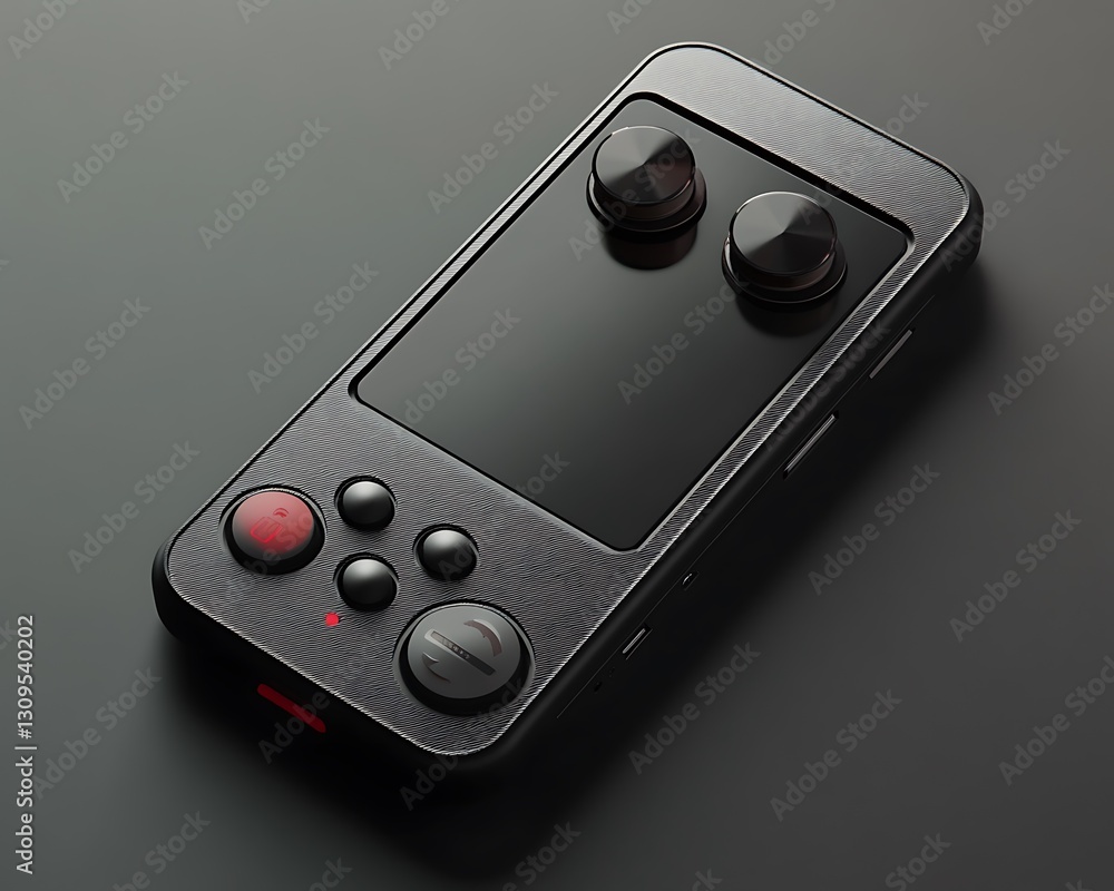 Poster a sleek black handheld gaming console with control buttons and joysticks