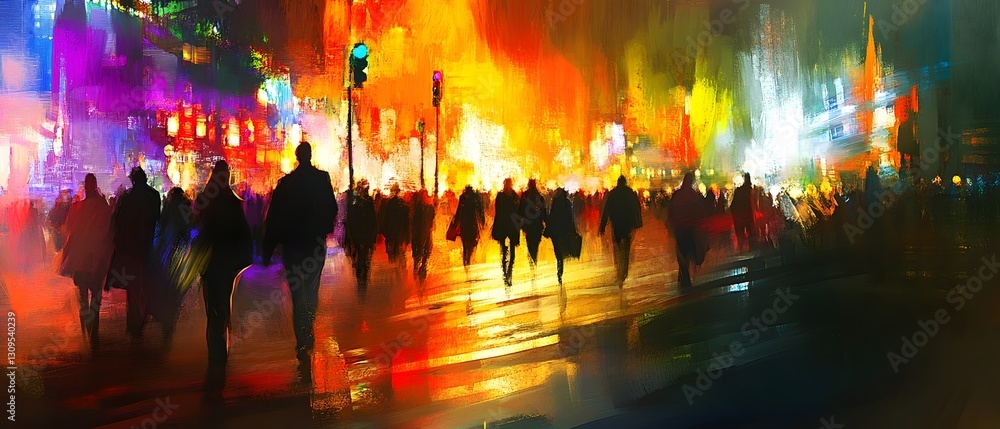 Poster vibrant nighttime city crowd strolling on illuminated urban street with colorful lights neon reflect