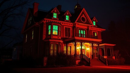 Fototapeta premium Haunting red-lit Victorian mansion at night, perfect for Halloween blogs, horror movie promotions, mystery book covers, ghost tour advertisements and gothic aesthetic social media content