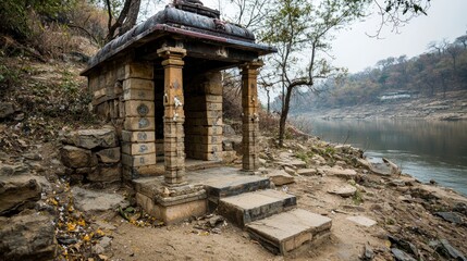 Hindu ascetic retreat riverside hermitage spiritual site natural landscape serene view tranquility in solitude