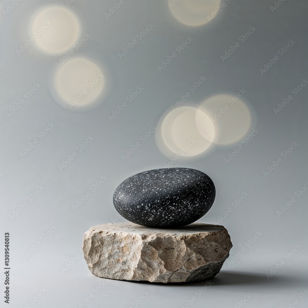 Poster black pebble resting on a light gray stone with a blurred bokeh background during a calm and serene 