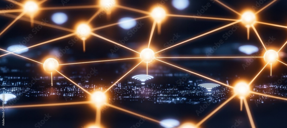 Poster a digital network visualization with glowing nodes and connections against a cityscape backdrop, rep