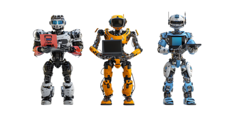 Set of Realistic 3D Robots Holding Computers in Different Styles PNG Against Transparent Background for Technology Branding, AI Illustrations, or Futuristic Designs