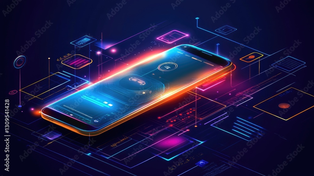 Poster high-tech concept with a holographic smartphone call interface.