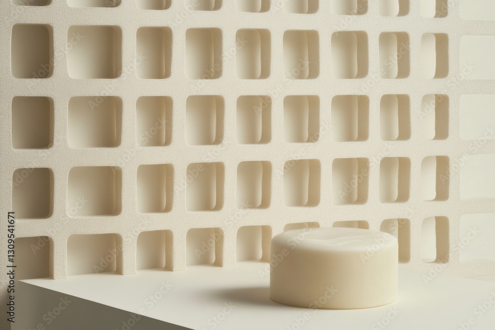 Poster simple white soap sits on a clean surface against a textured grid wall