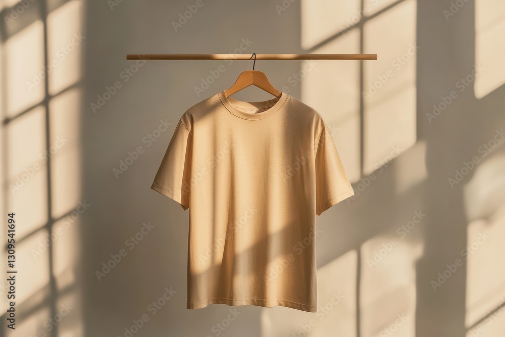 Poster hanging light beige shirt in soft sunlight creating warm shadows in a minimalist space