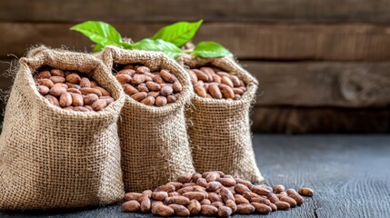 Obraz premium Discover the Richness of Authentic Cocoa Raw cocoa beans in burlap sacks, a testament to traditional harvest methods, displayed in a rustic setting Immerse yourself in the earthy textures and warm