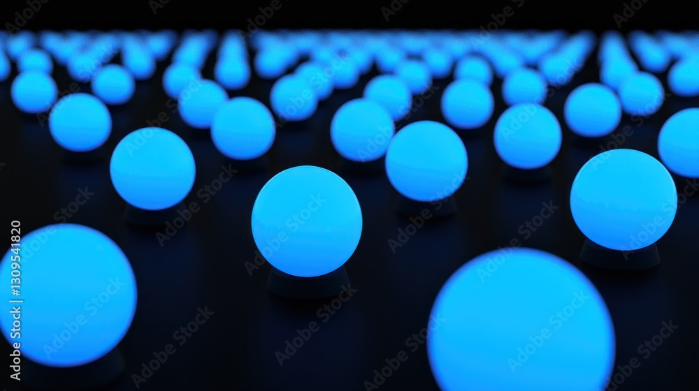 Poster glowing blue spheres in the dark: a 3d render of an array of illuminated orbs