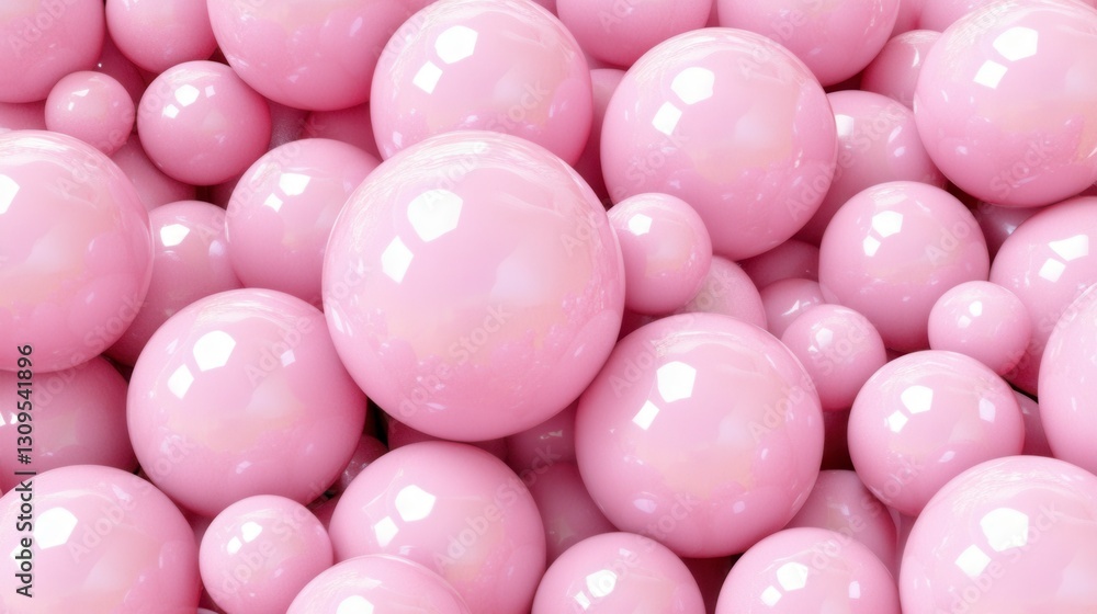 Poster close up view of numerous glossy pink spheres of varying sizes, creating a dense and textured backgr