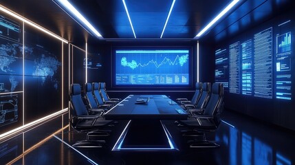 Fototapeta premium High-tech meeting room with a large screen displaying business charts.