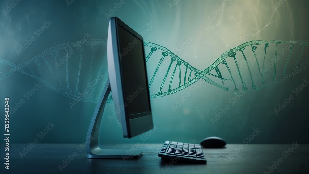 Poster computer displaying dna helix symbolizing the intersection of technology and genetics in modern rese