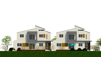 house in the park, 3d illustration facade of a Modern Harmony A Dual-Facade Residence