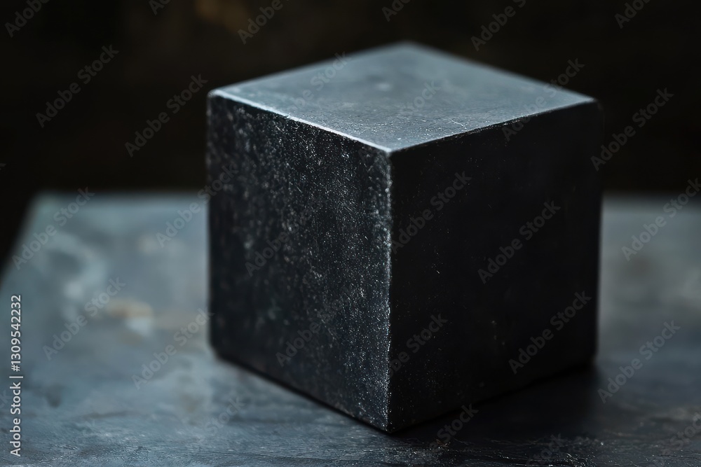 Poster Dark black cube sits on a textured surface, showcasing its smooth edges and minimalist design in an artistic arrangement