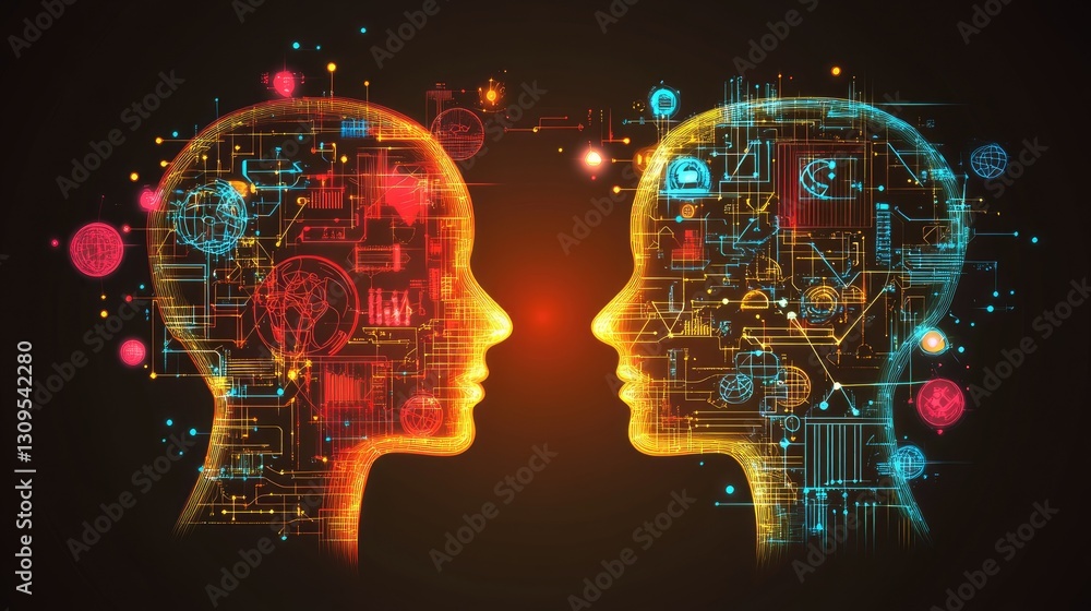 Poster holographic communication concept with multi-language symbols representing global dialogue.