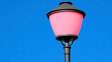 Pink lamppost against a vibrant blue sky. The lamp is a soft pink, and the post is dark metal. Bright sunlight illuminates the scene.