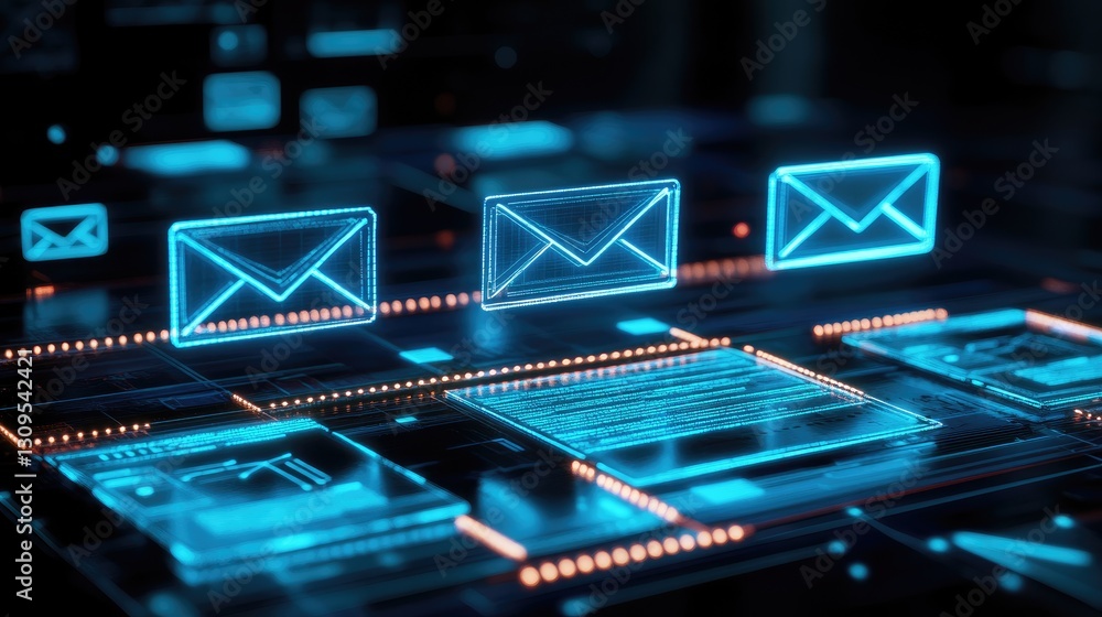 Poster holographic email notifications hovering over a futuristic device.