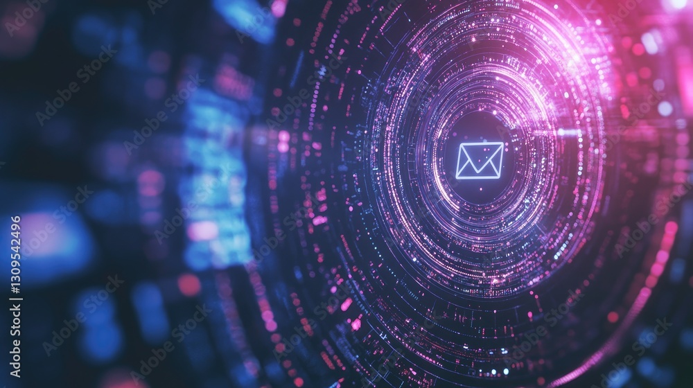 Poster holographic email notifications hovering over a futuristic device.