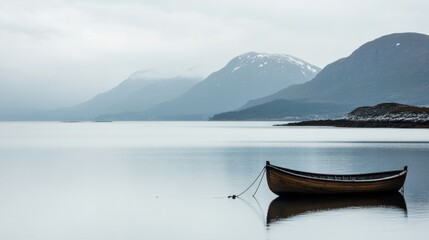 Obraz premium Serene Coastal Landscape with Wooden Boat and Foggy Mountains in the Background