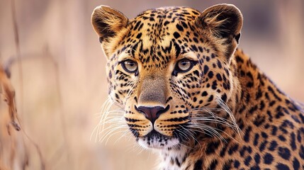 Obraz premium Close-up of a regal leopard face piercing stare sharp details against a soft-focus savanna background cinematic composition 