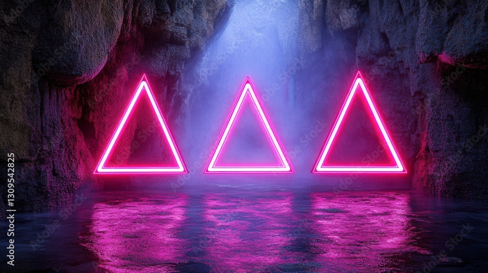 Poster three pink neon triangles illuminate a dark, cavernous setting with a reflective surface. surroundin