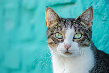 Captivating Cat Portrait Against Colorful Wall