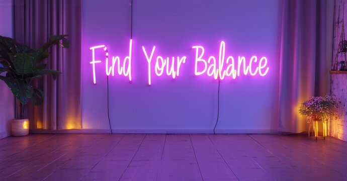 Naklejki Neon sign find your balance electric purple warm gold glowing inside yoga studio softly reflecting wooden floors white silk curtains