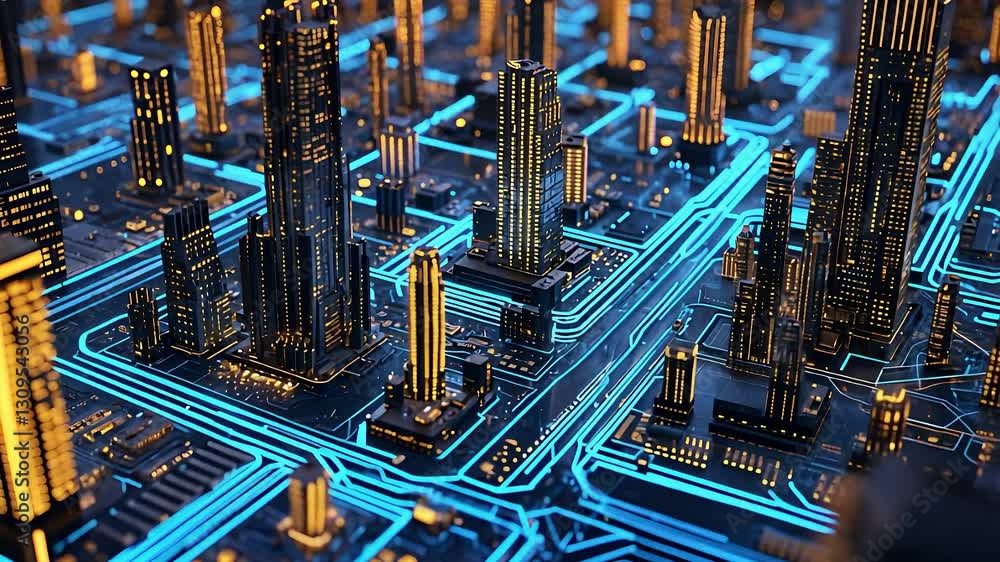 Poster futuristic smart city with illuminated circuit-like roads and high-tech skyscrapers in a digital inf