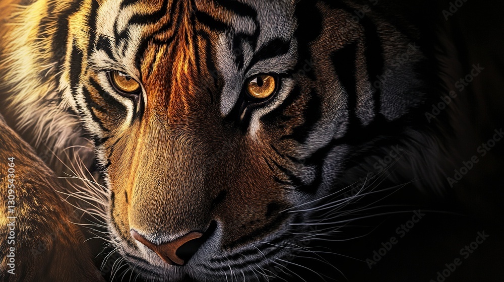 Poster close-up of a tiger piercing gaze intricate fur texture illuminated by soft golden highlights deep c