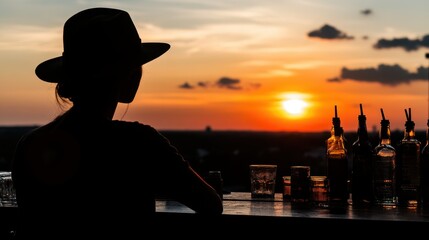 Silhouette of a Person in a Hat Overlooking a Vibrant Sunset with Bar Elements in Frame