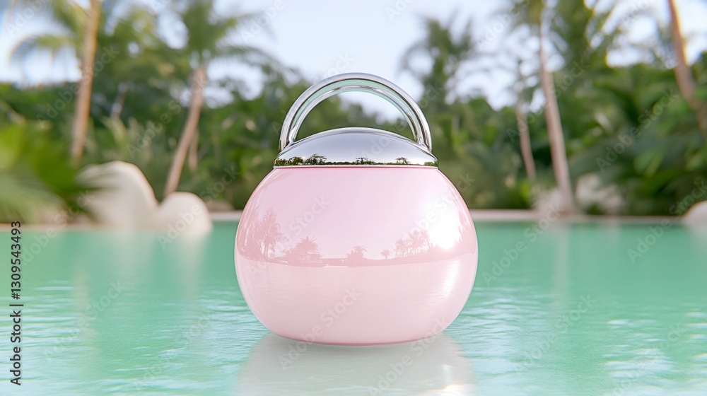 Aufkleber pink sphere shaped object with silver handle, reflecting light, sits by a tranquil turquoise pool wi