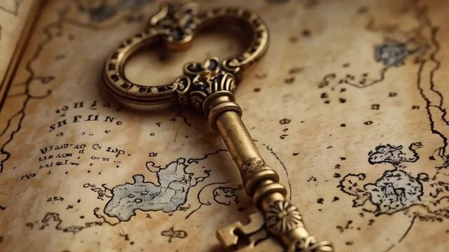 "An ornate golden key with intricate engravings rests upon an ancient treasure map, hinting at secrets yet to be unlocked."







