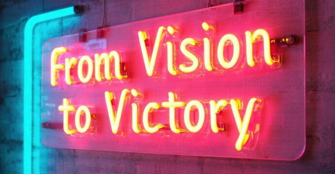 Naklejki Neon sign vision victory vibrant turquoise golden red glowing sleek investor pitch event softly illuminating confident presenters