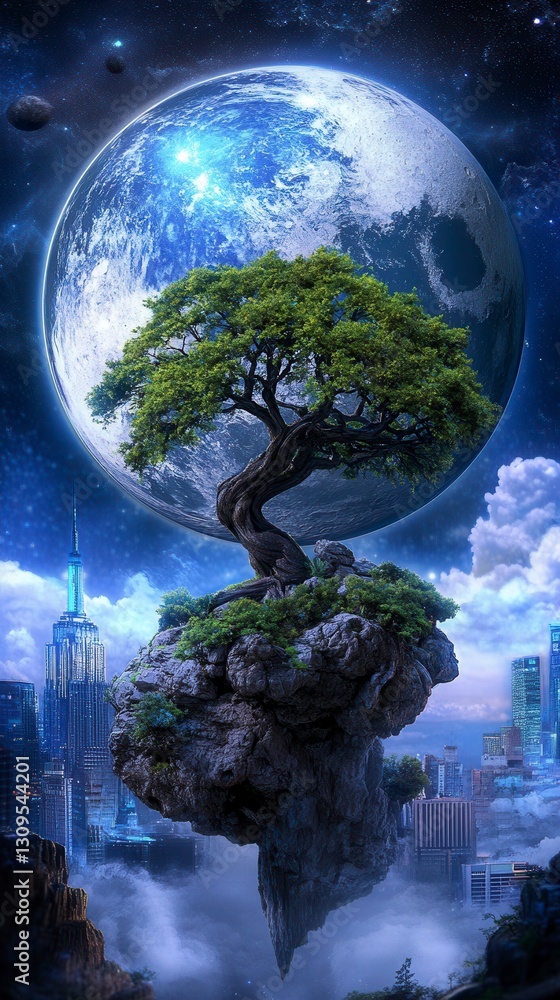 Poster pixel art style image depicts a bonsai tree on a floating island, with a large, stylized moon in the