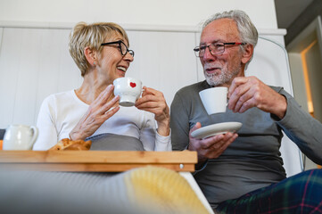A cheerful senior couple enjoys a cozy morning with coffee, sharing smiles and conversation in a warm home setting, embracing love, connection, and relaxation
