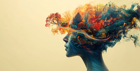 A surreal depiction of the human head filled with vibrant abstract shapes, suitable for art exhibitions, mental health awareness campaigns, and creative workshops.