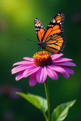 Monarch butterfly delicately perched on vibrant purple coneflower, delicate, close-up, purple