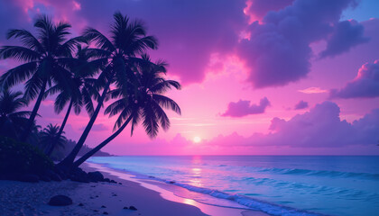 A serene tropical beach at sunset with palm trees silhouetted against a vibrant pink and purple sky.