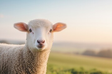 Fototapeta premium close-up of serene farm animal in green pasture capturing its gentle gaze against blurred nature backdrop conveying