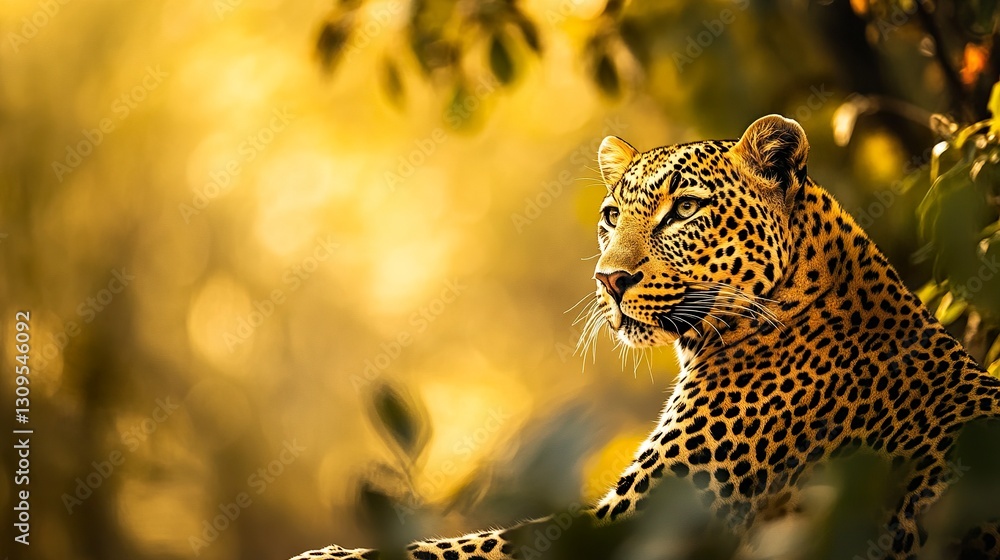 Poster confident leopard resting in golden light deep focus on sharp patterns soft blurred green leaves cre