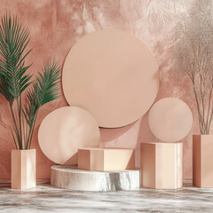 A chic and elegant podium featuring an arch and pastel accents, ideal for showcasing beauty products or fragrance displays. Perfect for spring-themed exhibitions, digital marketing, and high-end brand