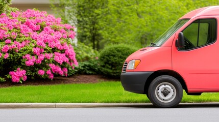 Fototapeta premium Red delivery van parked on a residential street next to a vibrant pink azalea bush. Lush green lawn and curb visible. Daytime setting.