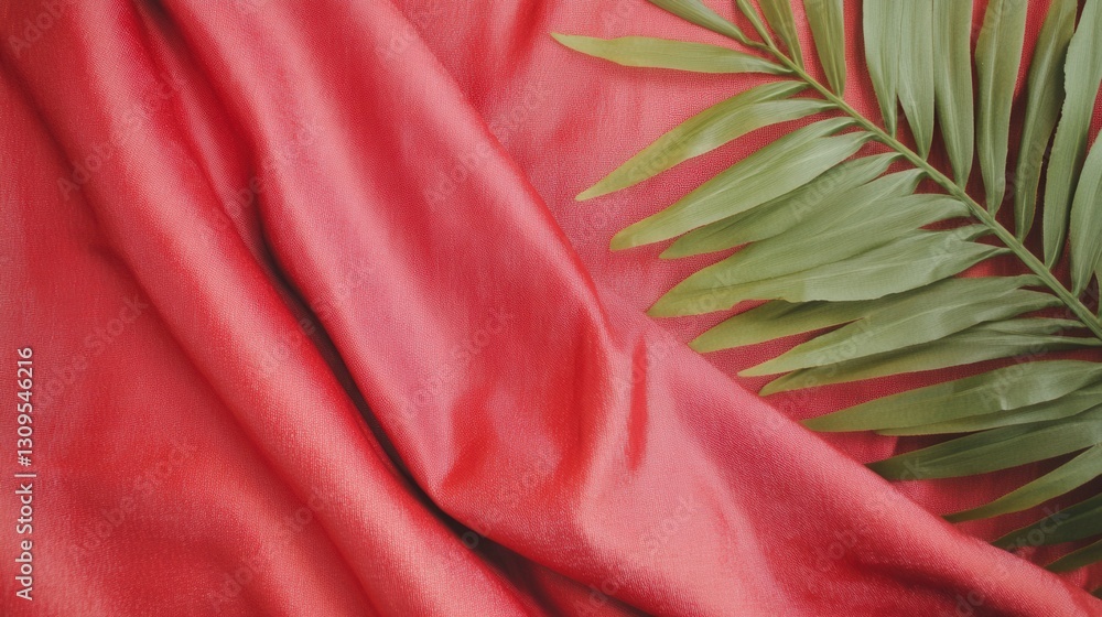 Poster close up view of a vibrant red fabric with a lush green palm leaf subtly placed on it. the fabric ha