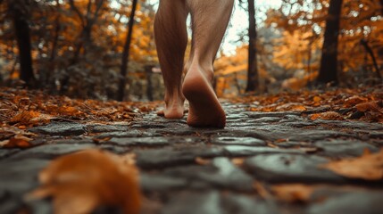 A man is walking barefoot on a path in the woods