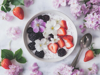yogurt with berries, strawberries and blackberries in a bowl from above and flowers 