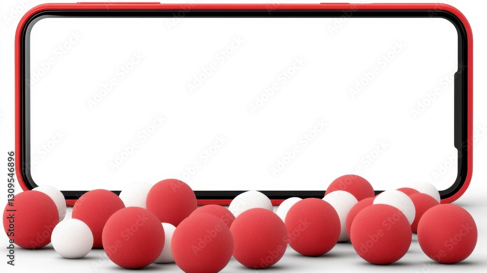 Poster red and white textured spheres scattered around a red smartphone with a blank white screen. clean, m