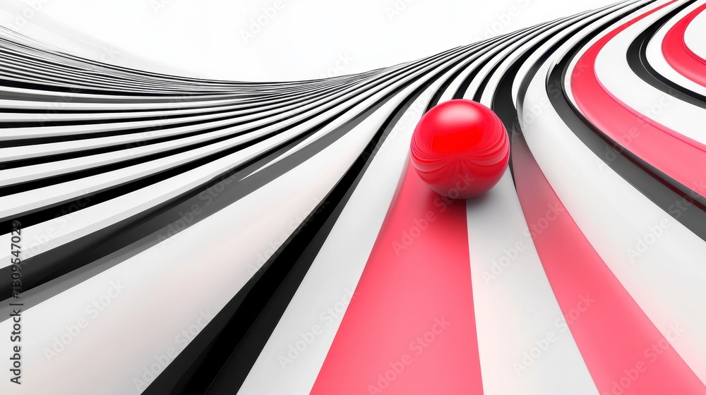 Poster abstract 3d rendering of a red sphere rolling down a path of black and white stripes on a white back